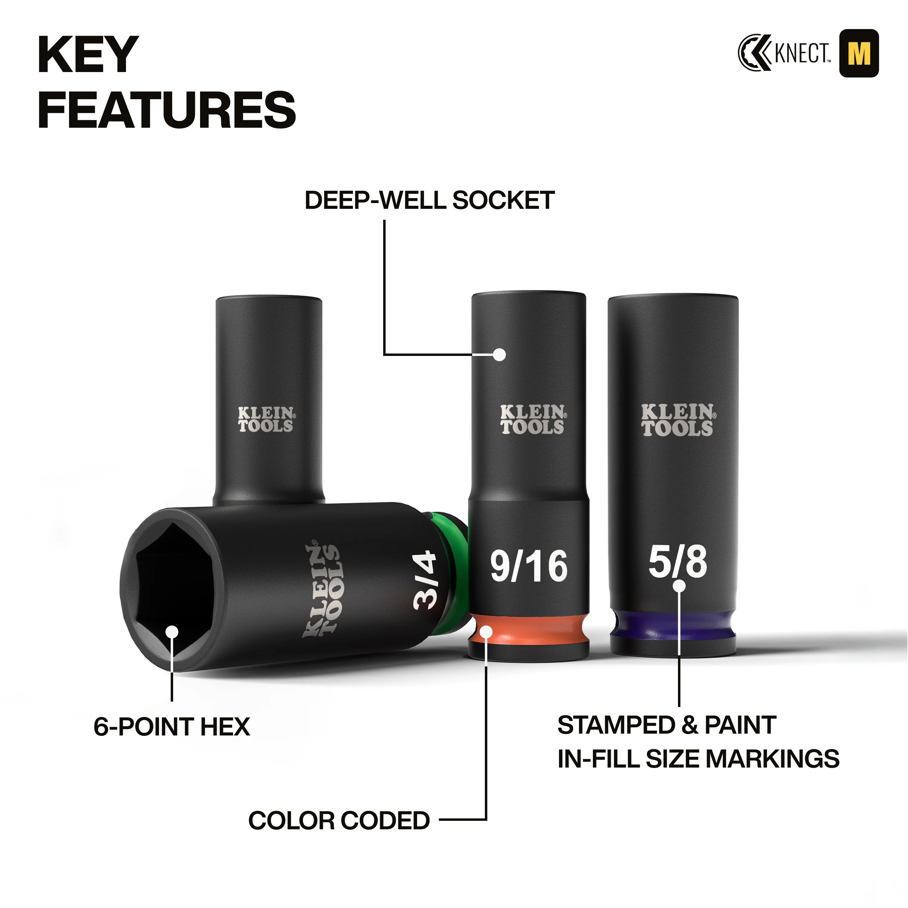 Klein Tools 65109IMPCT KNECT Deep-Well 3/8" Drive Impact Socket Set, SAE, 9 Pc. - Image 3