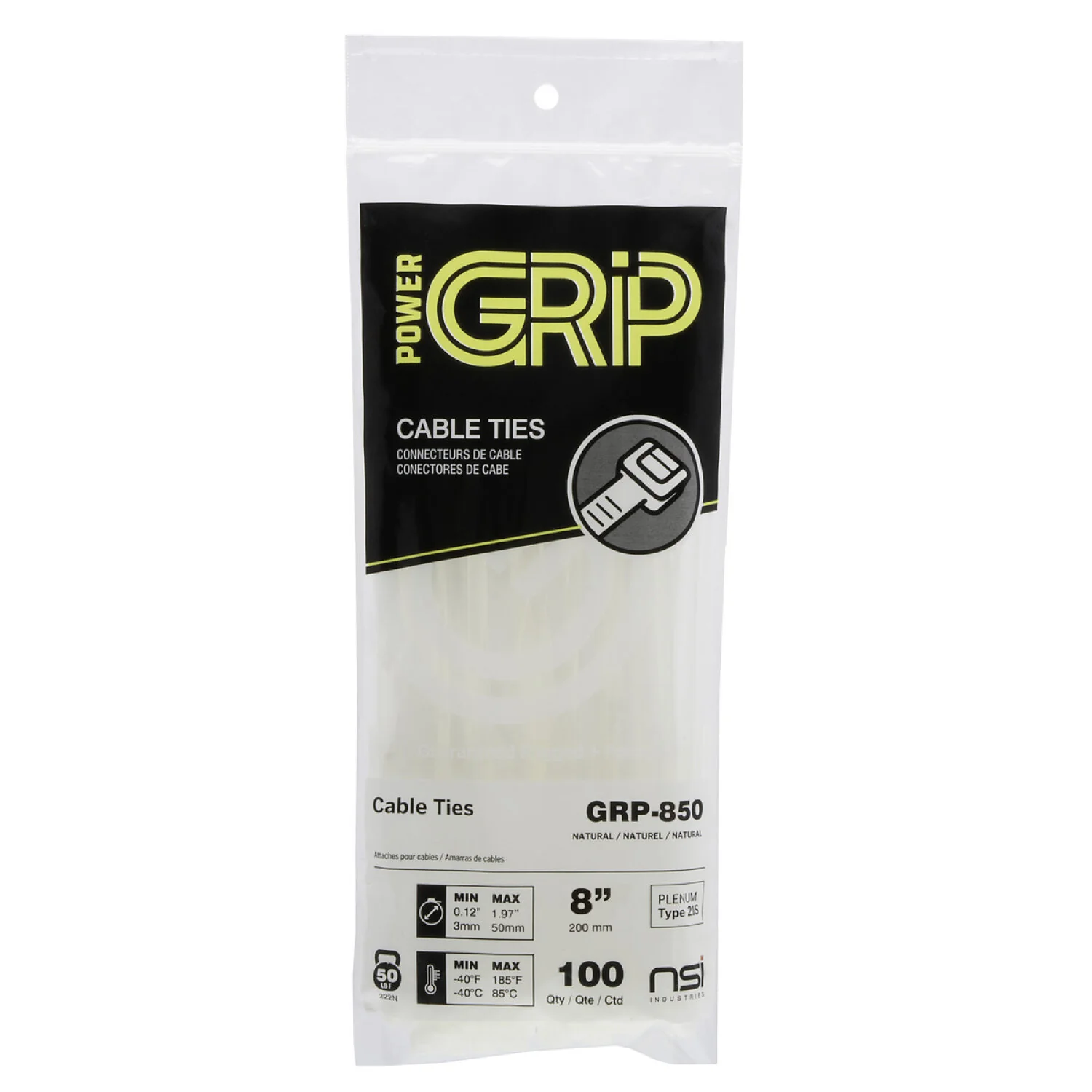 NSI GRP-850 8”, Natural General Purpose 50lb Cable Ties, 100 Pack - Image 3