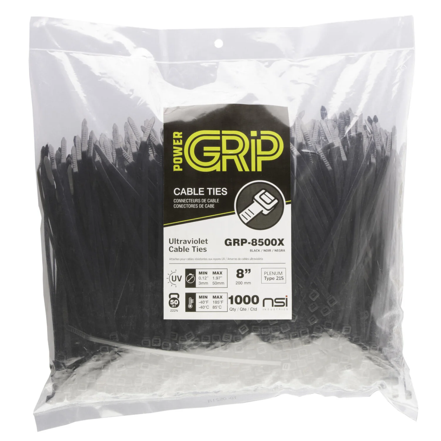 NSI GRP-8500X 8”, Black General Purpose 50lb Cable Ties, 1000 Bulk Pack - Image 3