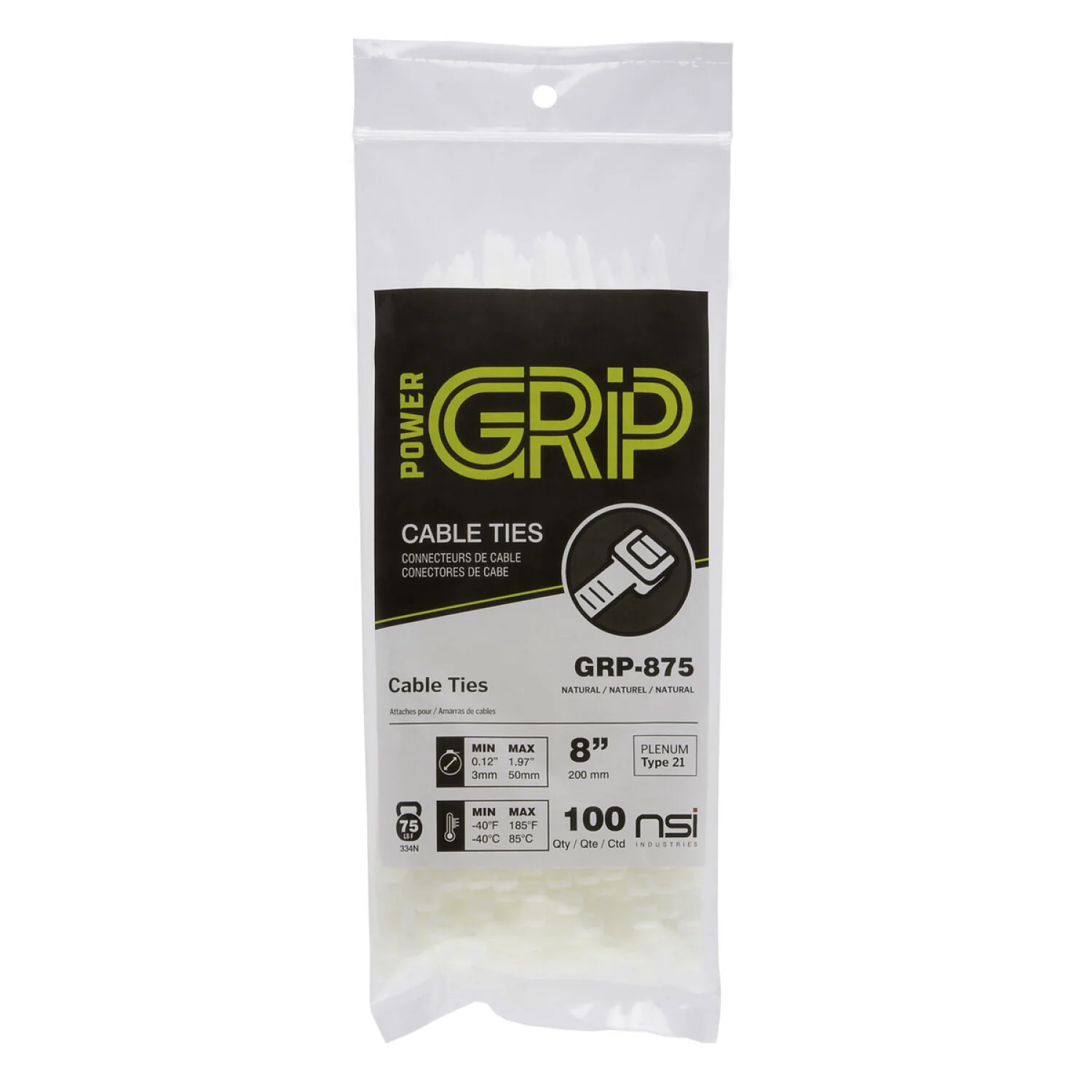 NSI GRP-875 8”, Natural General Purpose 75lb Cable Ties, 100 Pack - Image 4