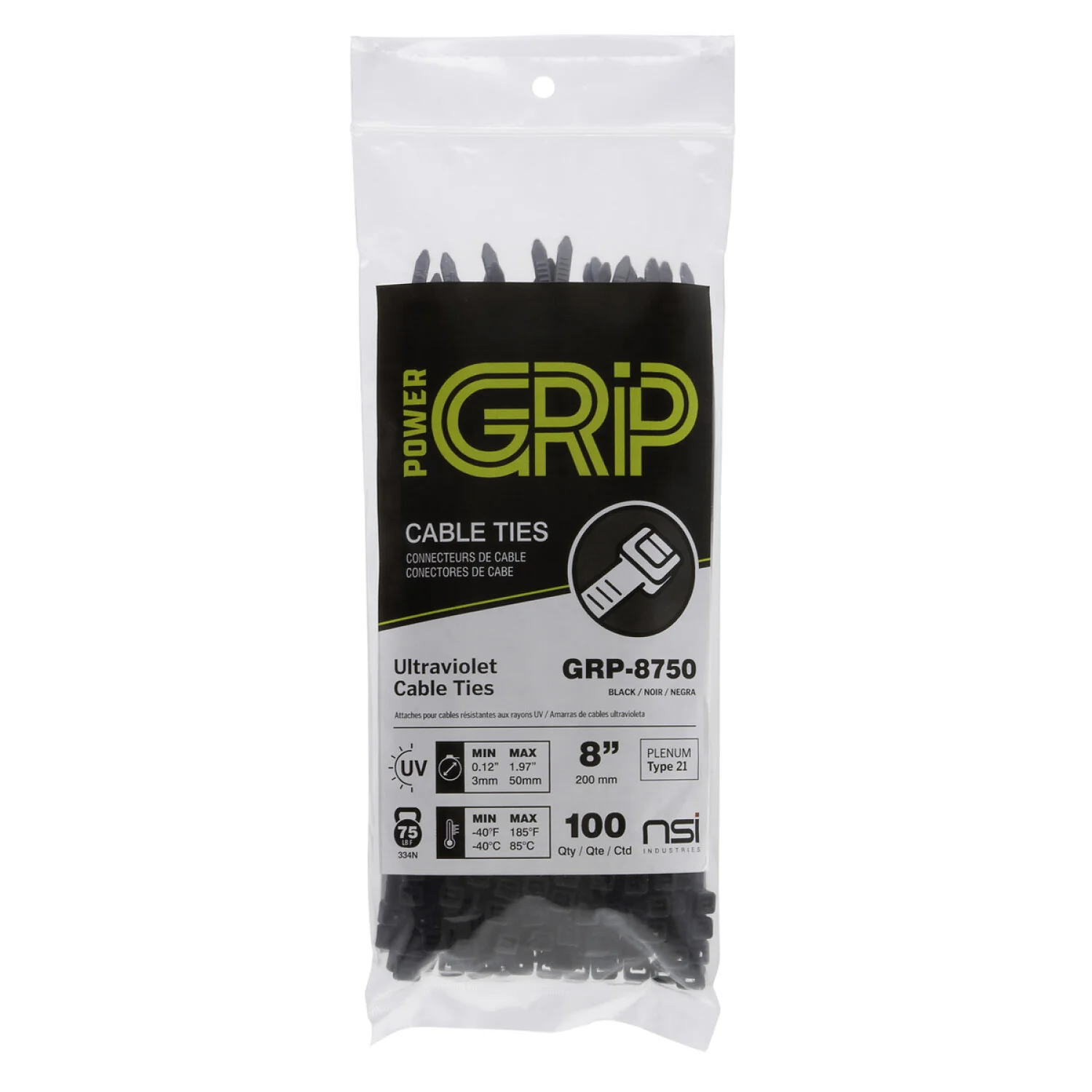 NSI GRP-8750 8”, Black General Purpose 75lb Cable Ties, 100 Pack - Image 6