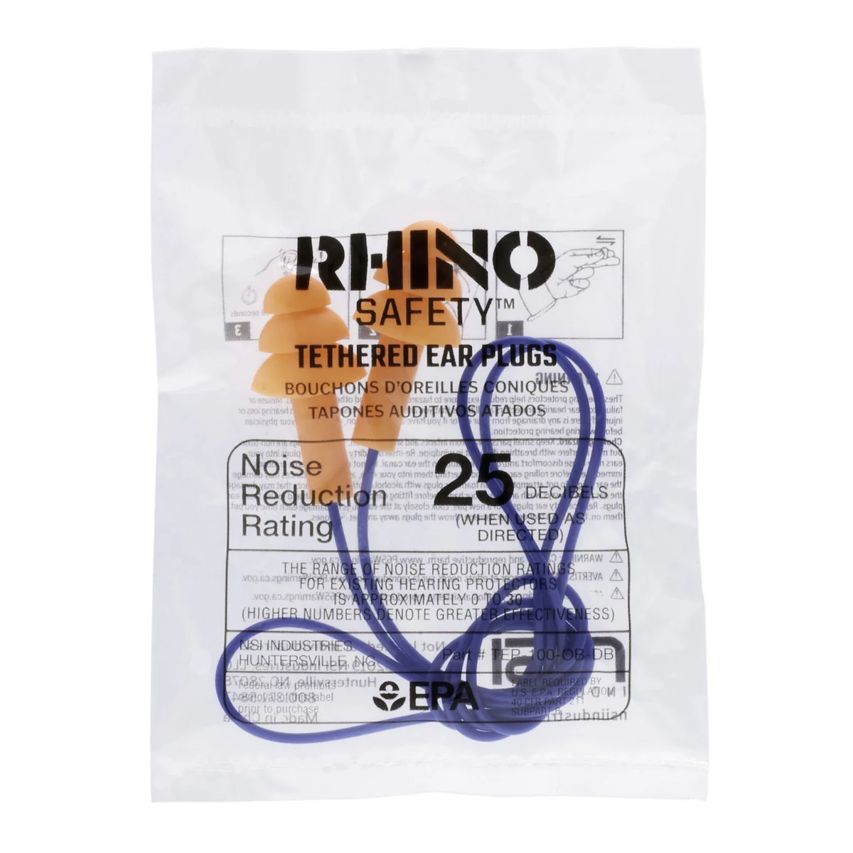 NSI TEP-100-OB-DB Tethered Foam Noise Reducing Earplugs, 25dB 100-Pair Box - Image 3